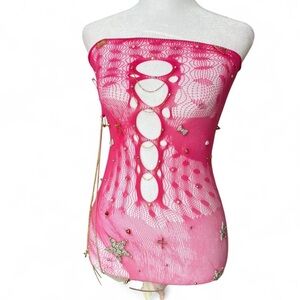 Pink Strapless Mesh Top with Star Accents